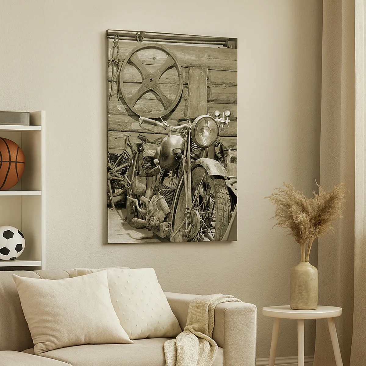 Obraz na płótnie - Vintage motocykl w drewnianym garażu - 50x70cm - W szopie wuja Władka - Nowoczesna dekoracja ścienna do salonu, kuchni i sypialni ARTTOR