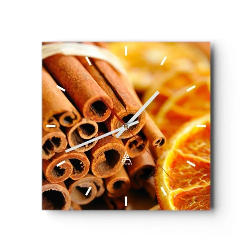 Zegar ścienny - Laski cynamonu z suszonymi plastrami pomarańczy w ciepłych barwach - 30x30cm - Czujesz ich aromat? - Nowoczesna dekoracja ścienna do salonu i sypialni ARTTOR