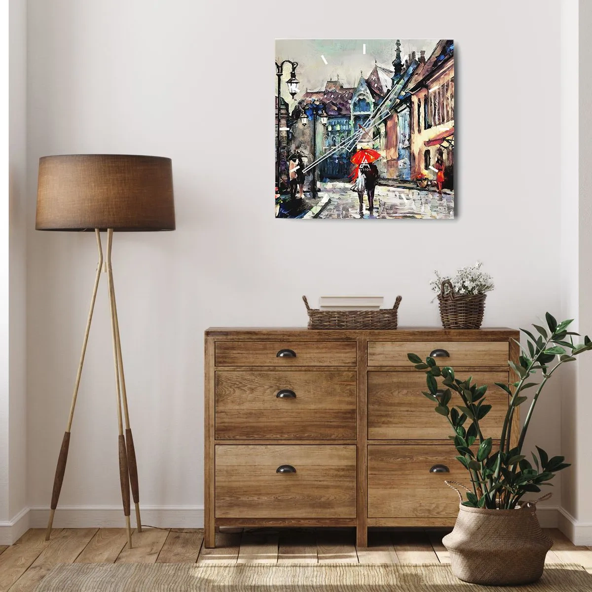 Zegar ścienny - Urokliwa ulica miasta z parą pod czerwonym parasolem - 30x30cm - Deszcz dla dwojga - Nowoczesna dekoracja ścienna do salonu i sypialni ARTTOR