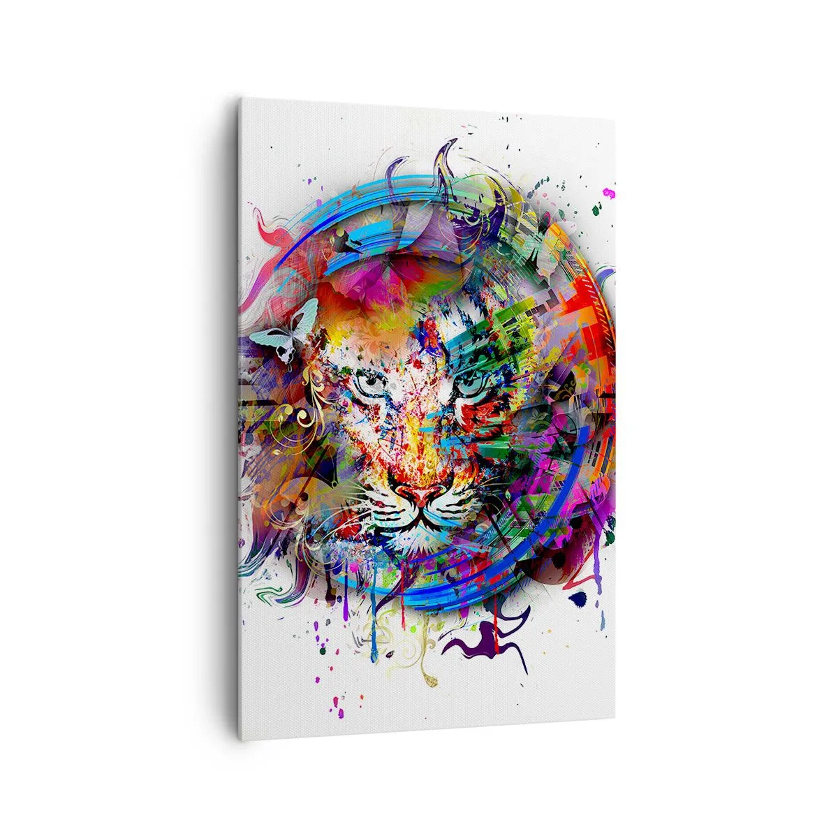 Obraz na płótnie - Kolorowy portret lwa w abstrakcyjnym stylu - 80x120cm - Czai się za tęczową zasłoną - Nowoczesna dekoracja ścienna do salonu i sypialni ARTTOR