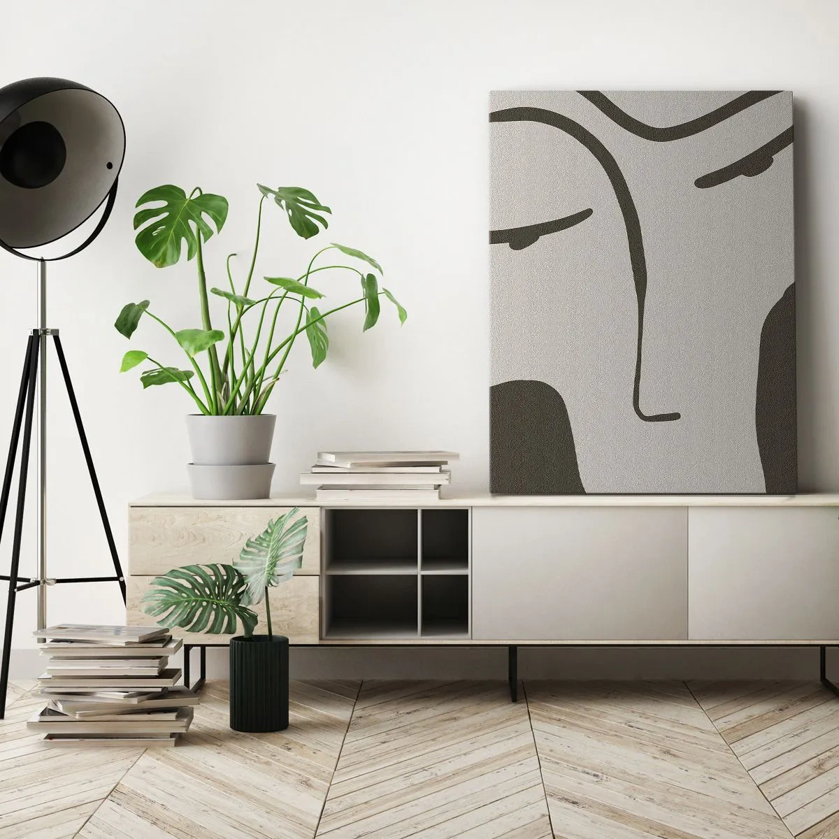 Obraz na płótnie - Minimalistyczny abstrakcyjny portret twarzy w stonowanych barwach - 70x100cm - Jak z obrazu Modiglianiego - Nowoczesna dekoracja ścienna do salonu i sypialni ARTTOR