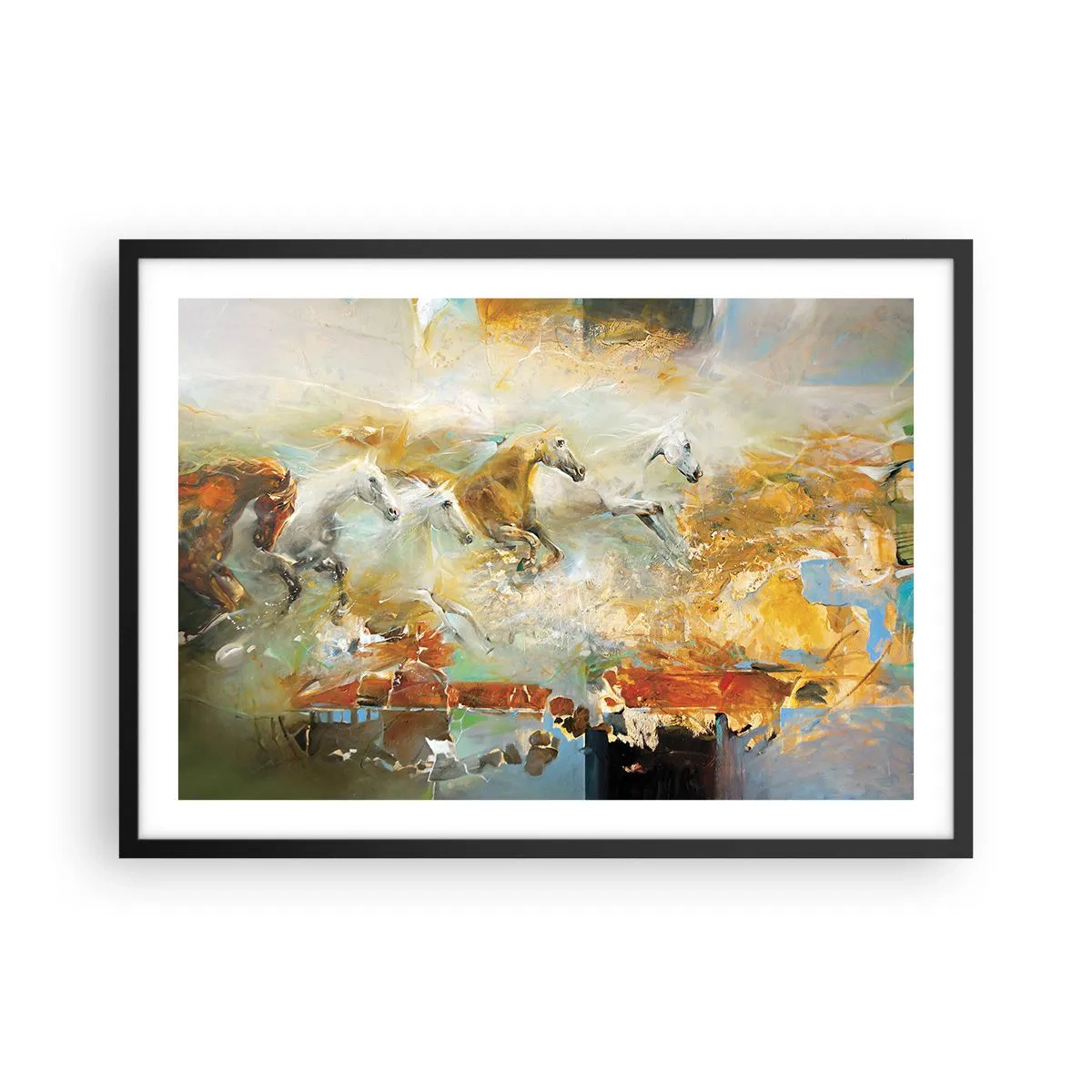 Plakat w czarnej ramie - Artystyczne konie w dynamicznej scenerii pełnej kolorów - 70x50cm - Galopem przez światło - Nowoczesna dekoracja ścienna do salonu i sypialni ARTTOR