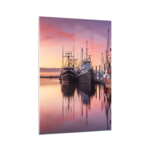 Obraz na szkle - Łodzie rybackie w porcie o zachodzie słońca - 70x100cm - Przed kolejnym dniem - Nowoczesna dekoracja ścienna do salonu i sypialni ARTTOR