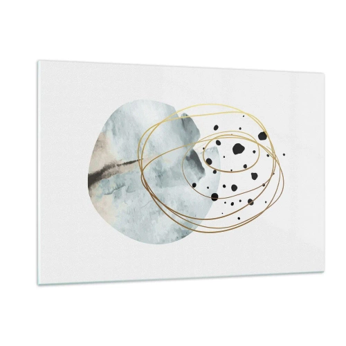 Obraz na szkle - Abstrakcyjna kompozycja z błękitną plamą i złotymi liniami - 120x80cm - W objęciach przestrzeni - Nowoczesna dekoracja ścienna do salonu, kuchni i sypialni ARTTOR