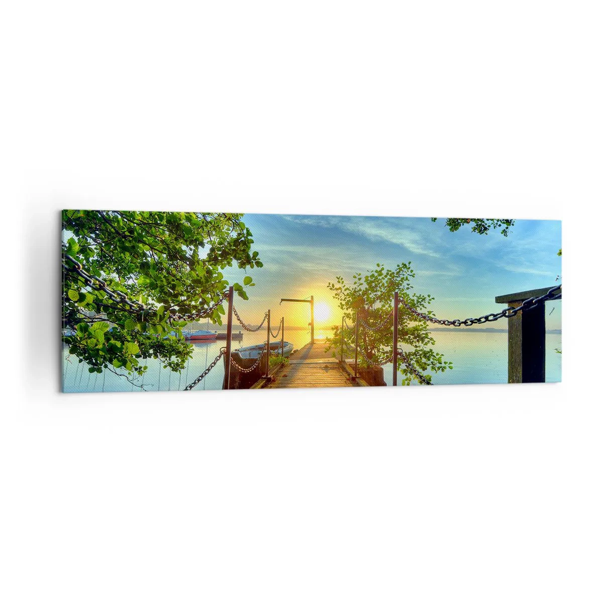 Obraz na płótnie - Pomost nad jeziorem w promieniach zachodu słońca - 160x50cm - Zachód nad wodą - Nowoczesna dekoracja ścienna do salonu i sypialni ARTTOR