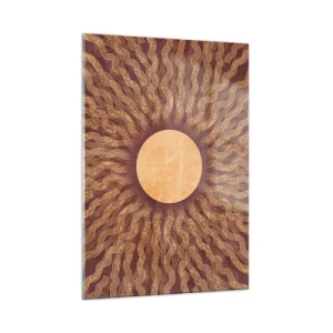 Obraz na szkle - Stylizowane słońce z promieniami w formie falistych linii na tle brązu - 50x70cm - Ikona słońca - Nowoczesna dekoracja ścienna do salonu, kuchni i sypialni ARTTOR