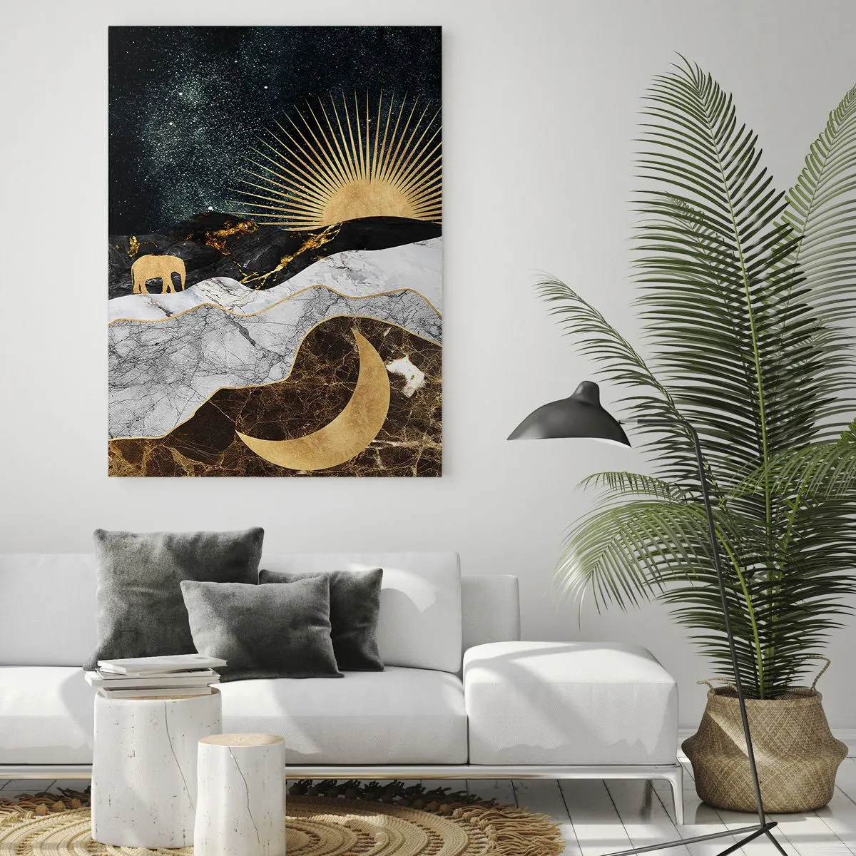 Obraz na szkle - Złoty księżyc, słońce i słonie na tle marmurowych gór i nocnego nieba - 80x120cm - Odwieczne prawa - Nowoczesna dekoracja ścienna do salonu i sypialni ARTTOR