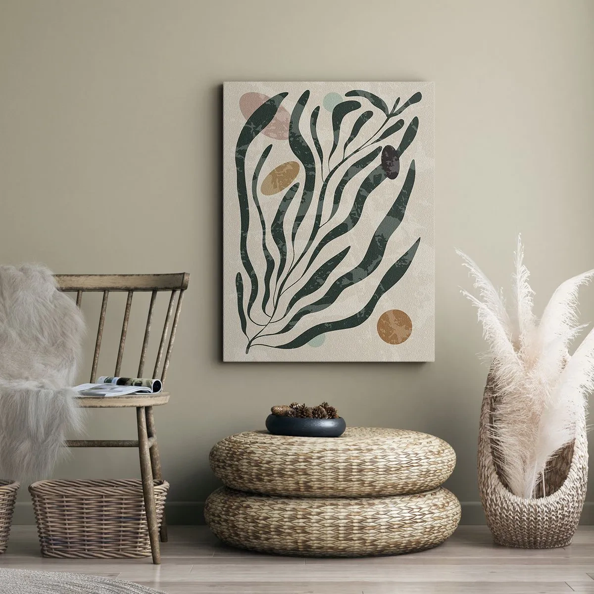 Obraz na płótnie - Artystyczna ilustracja liści w zielonych odcieniach na beżowym tle - 50x70cm - Pośród zieleni - Nowoczesna dekoracja ścienna do salonu, kuchni i sypialni ARTTOR