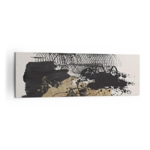 Obraz na płótnie - Abstrakcyjny obraz w czerni i złocie z dynamicznymi liniami i strukturami - 160x50cm - Kompozycja z pasją - Nowoczesna dekoracja ścienna do salonu i sypialni ARTTOR