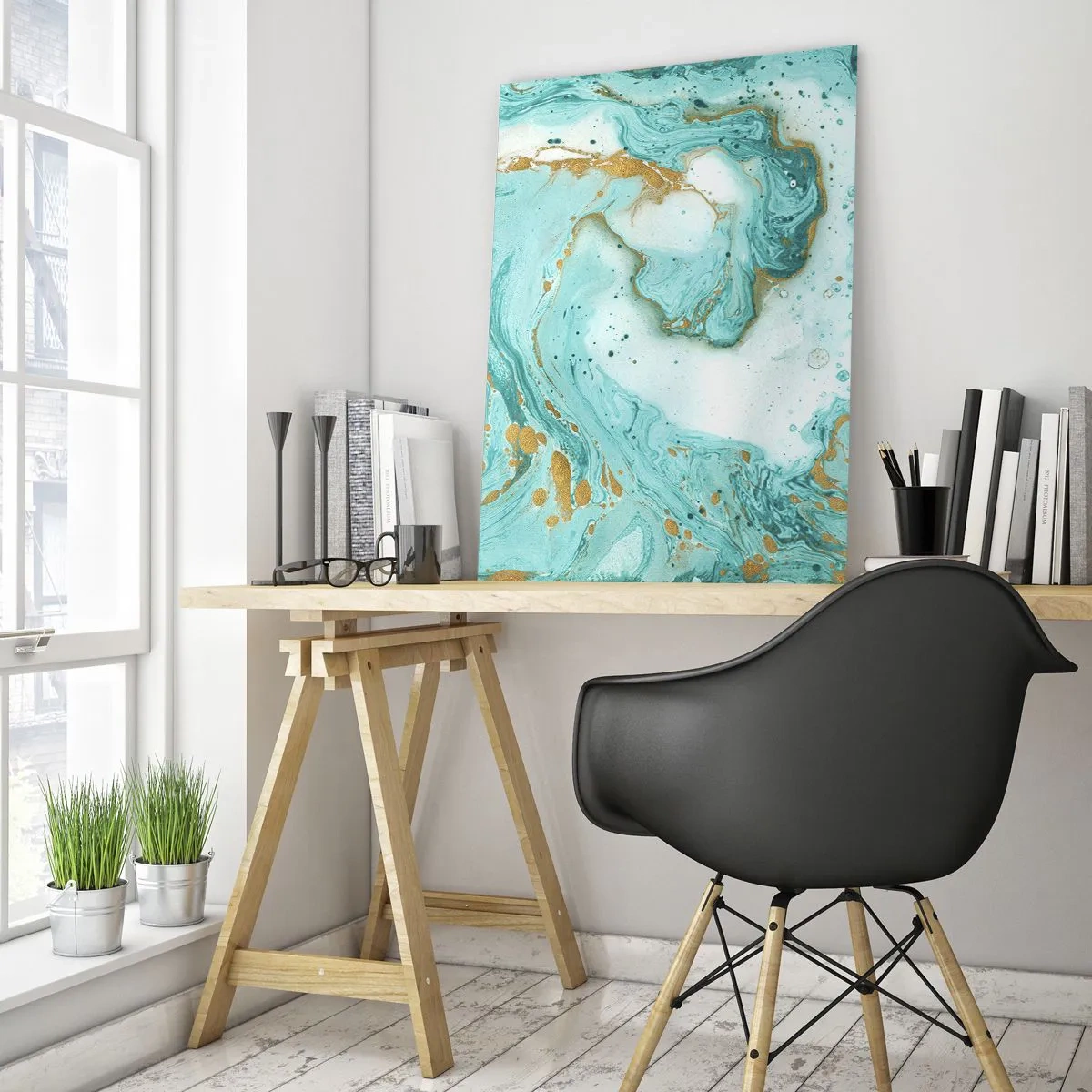 Obraz na szkle - Turkusowo-złoty wzór w stylu marmurkowym - 50x70cm - Pod wielką falą z epoki Edo - Nowoczesna dekoracja ścienna do salonu, kuchni i sypialni ARTTOR
