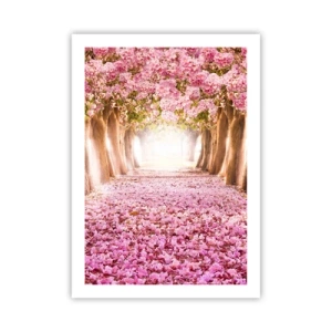 Plakat - Aleja drzew wiśniowych z różowym kwiatowym dywanem - 50x70cm - Droga do raju - Nowoczesna dekoracja ścienna do salonu, kuchni i sypialni ARTTOR