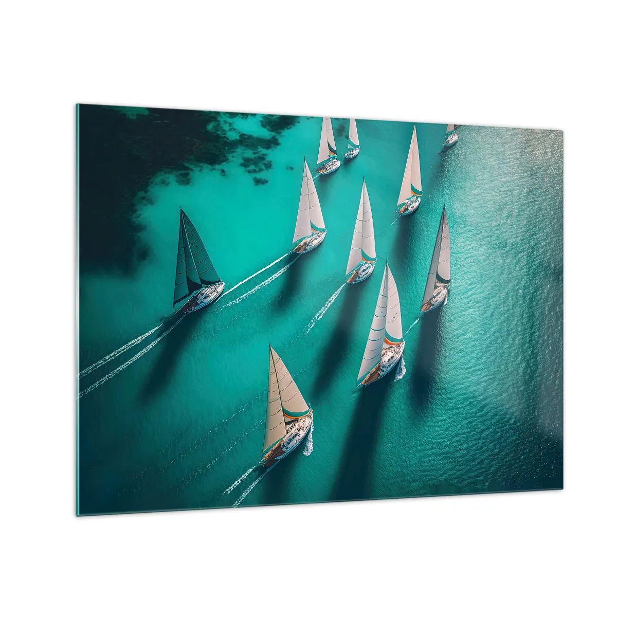 Obraz na szkle - Żaglówki na turkusowej wodzie uchwycone z lotu ptaka - 70x50cm - W zawody z wiatrem - Nowoczesna dekoracja ścienna do salonu i sypialni ARTTOR