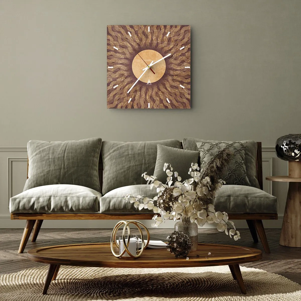 Zegar ścienny - Słoneczny wzór z promieniami na tle w odcieniach brązu - 30x30cm - Ikona słońca - Nowoczesna dekoracja ścienna do salonu i sypialni ARTTOR