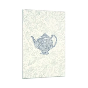 Obraz na szkle - Dekoracyjny rysunek imbryka z ornamentami w niebieskim kolorze - 70x100cm - Herbaty czar - Nowoczesna dekoracja ścienna do salonu i sypialni ARTTOR