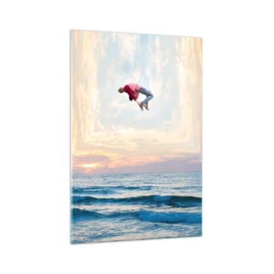Obraz na szkle - Surrealistyczny skok nad morzem w ramie - 70x100cm - Do innego wymiaru - Nowoczesna dekoracja ścienna do salonu i sypialni ARTTOR