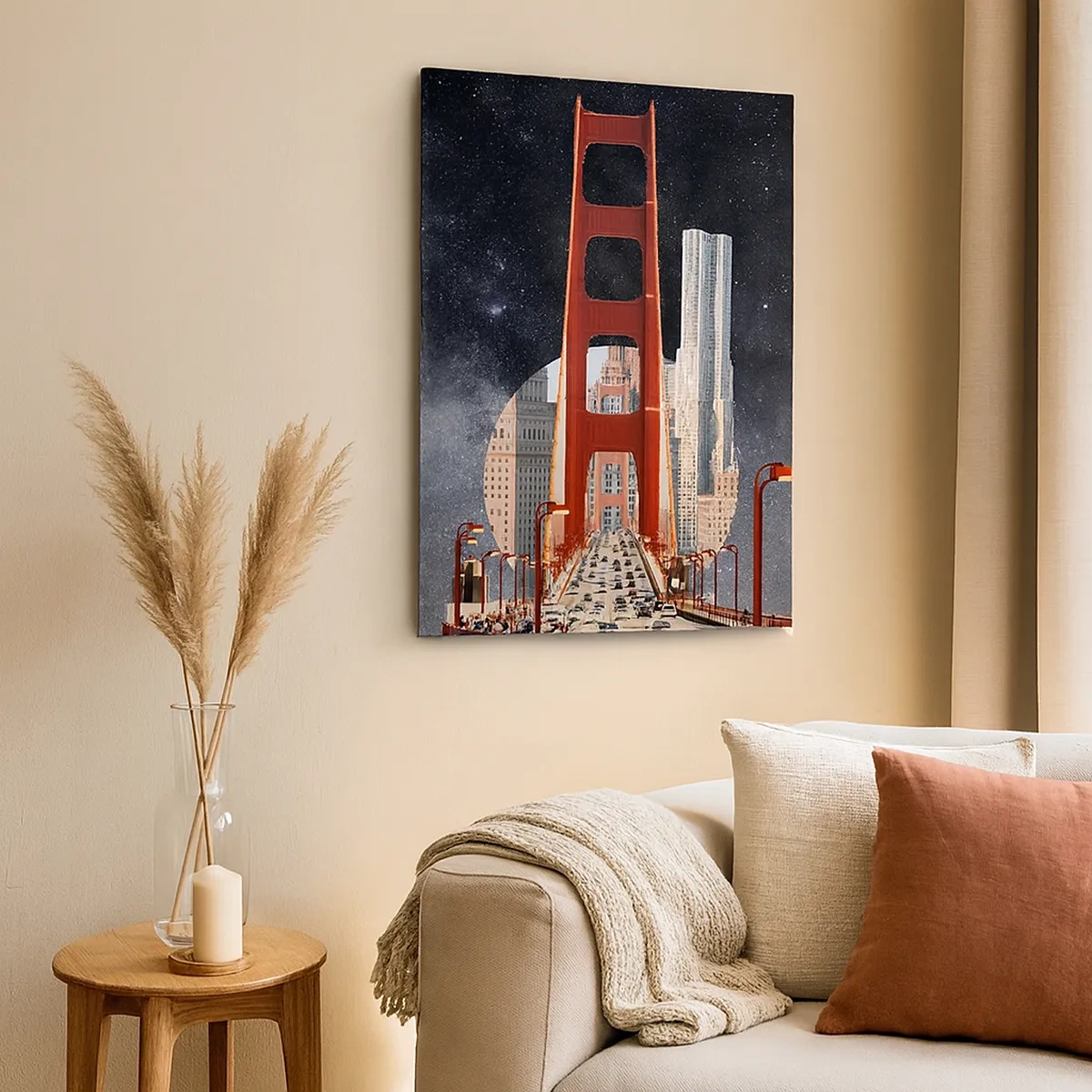 Obraz na płótnie - Most Golden Gate na tle futurystycznego miasta i rozgwieżdżonego nieba - 50x70cm - Zawsze w centrum - Nowoczesna dekoracja ścienna do salonu, kuchni i sypialni ARTTOR