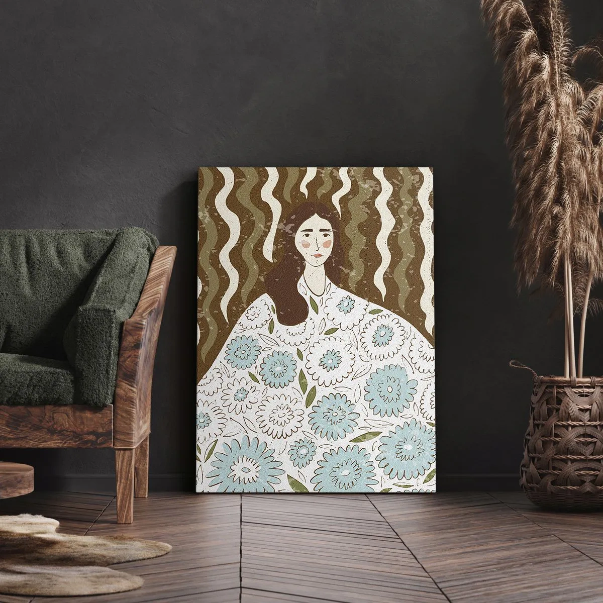 Obraz na płótnie - Portret kobiety w ozdobnej, kwiecistej szacie na tle falistych wzorów - 70x100cm - Portret w kwiecistej szacie - Nowoczesna dekoracja ścienna do salonu i sypialni ARTTOR