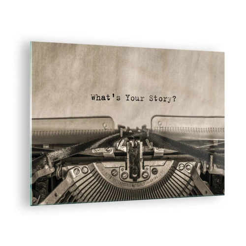 Obraz na szkle - Zbliżenie na maszynę do pisania z tekstem 'What's Your Story?' - 70x50cm - Opowiedz mi - Nowoczesna dekoracja ścienna do salonu i sypialni ARTTOR