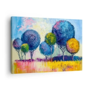 Obraz na płótnie - Kolorowe drzewa w kształcie kul na tle pejzażu - 70x50cm - Kula - kształt ideału - Nowoczesna dekoracja ścienna do salonu i sypialni ARTTOR