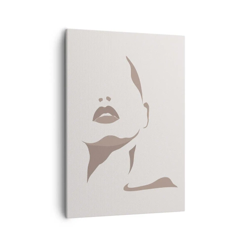 Obraz na płótnie - Minimalistyczna sylwetka kobiecej twarzy w beżowych odcieniach - 50x70cm - Stworzona ze światła i cienia - Nowoczesna dekoracja ścienna do salonu, kuchni i sypialni ARTTOR