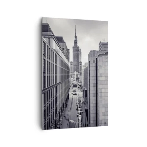 Obraz na płótnie - Panorama Warszawy z widokiem na Pałac Kultury i otaczające budynki - 80x120cm - Warszawska dolina - Nowoczesna dekoracja ścienna do salonu i sypialni ARTTOR