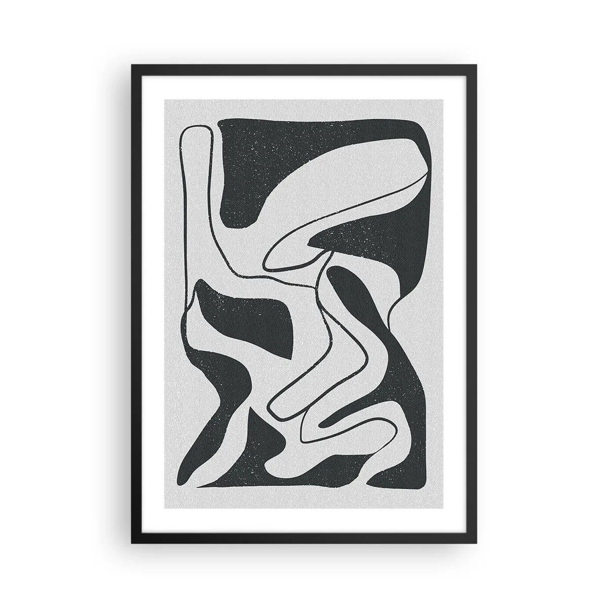 Plakat w czarnej ramie - Czarno-biała abstrakcja z organicznymi kształtami - 50x70cm - Abstrakcyjna zabawa w labiryncie - Nowoczesna dekoracja ścienna do salonu i sypialni ARTTOR