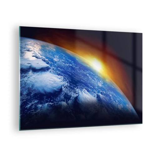 Obraz na szkle - Ziemia w kosmosie oświetlona promieniami słońca - 70x50cm - Wschód słońca nad błękitną planetą - Nowoczesna dekoracja ścienna do salonu i sypialni ARTTOR