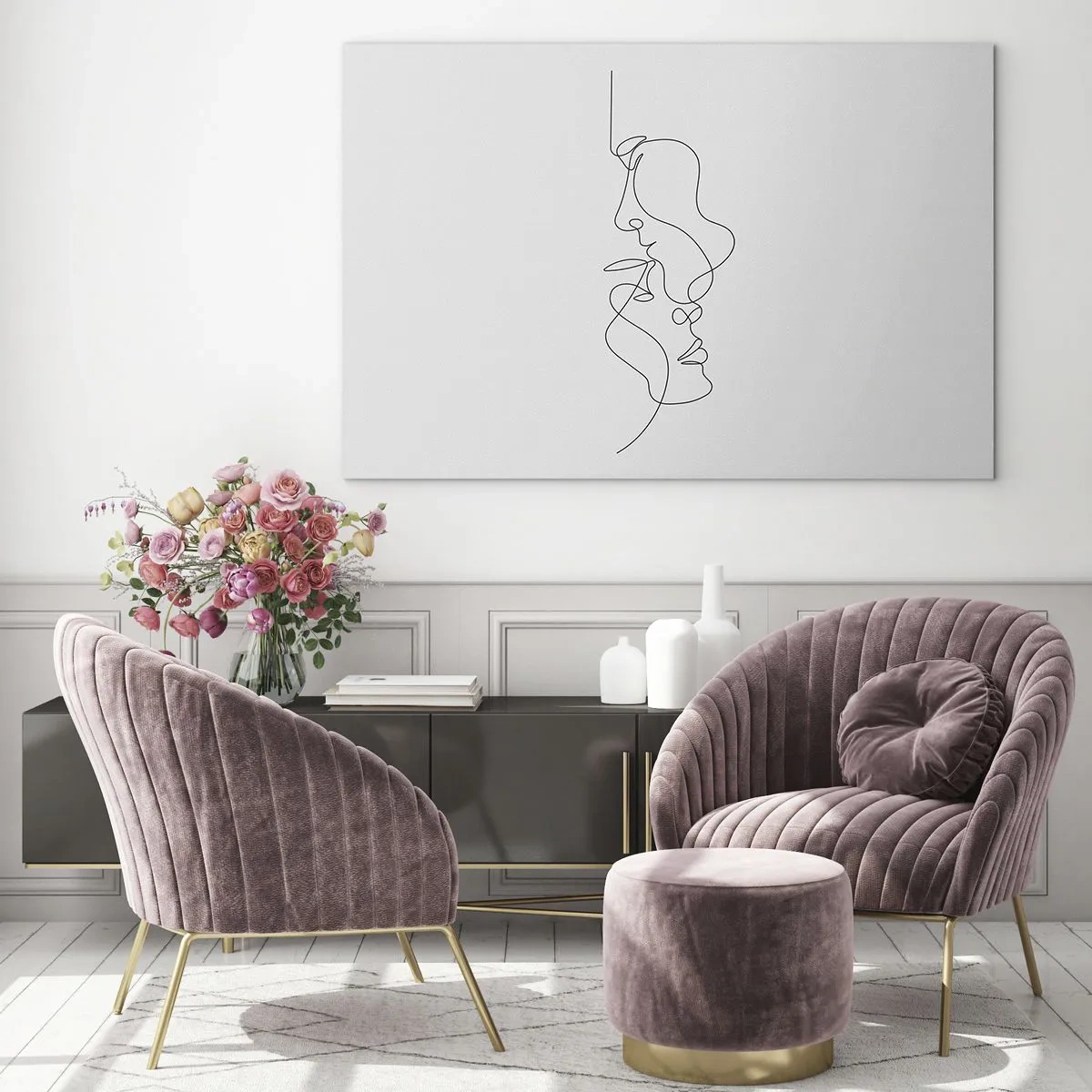 Obraz na szkle - Delikatny rysunek dwóch twarzy w jednym konturze - 70x50cm - Żar rzewnych żądz - Nowoczesna dekoracja ścienna do salonu i sypialni ARTTOR