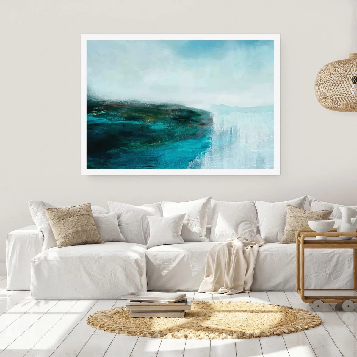 Plakat - Abstrakcyjny krajobraz w odcieniach turkusu i szarości - 100x70cm - Abstrakcja marynistyczna - Nowoczesna dekoracja ścienna do salonu i sypialni ARTTOR