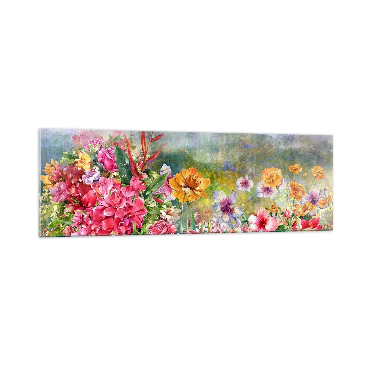 Obraz na szkle - Barwna kompozycja kwiatów na tle pejzażu w pastelowych kolorach - 160x50cm - Ogród, który oszalał - Nowoczesna dekoracja ścienna do salonu i sypialni ARTTOR