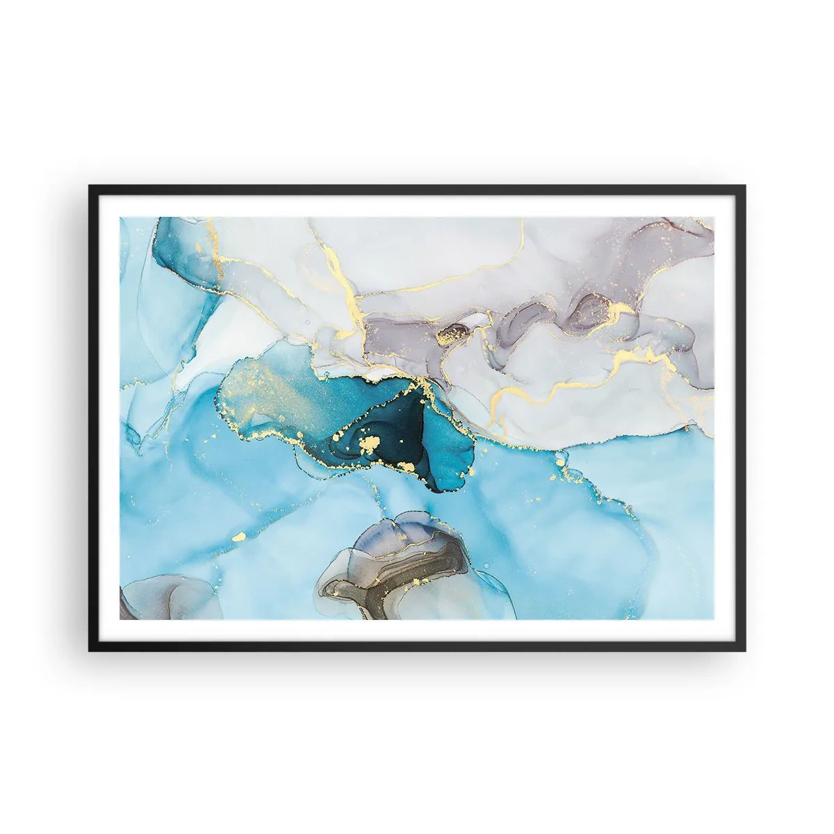 Plakat w czarnej ramie - Abstrakcja w odcieniach błękitu i złota z subtelnymi liniami - 100x70cm - Studium spotkania szarości z turkusem - Nowoczesna dekoracja ścienna do salonu i sypialni ARTTOR