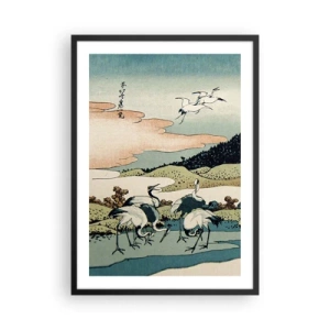 Plakat w czarnej ramie - Tradycyjna japońska grafika z żurawiami w krajobrazie natury - 50x70cm - W japońskim duchu - Nowoczesna dekoracja ścienna do salonu i sypialni ARTTOR