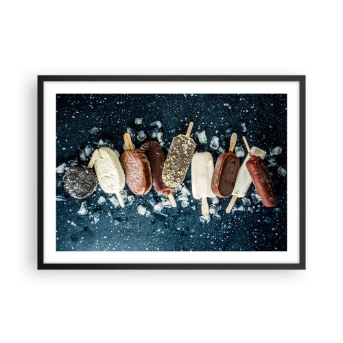 Plakat w czarnej ramie - Kolorowe lody na patyku ułożone na lodzie z ciemnym tłem - 70x50cm - Smak gorącego lata - Nowoczesna dekoracja ścienna do salonu i sypialni ARTTOR
