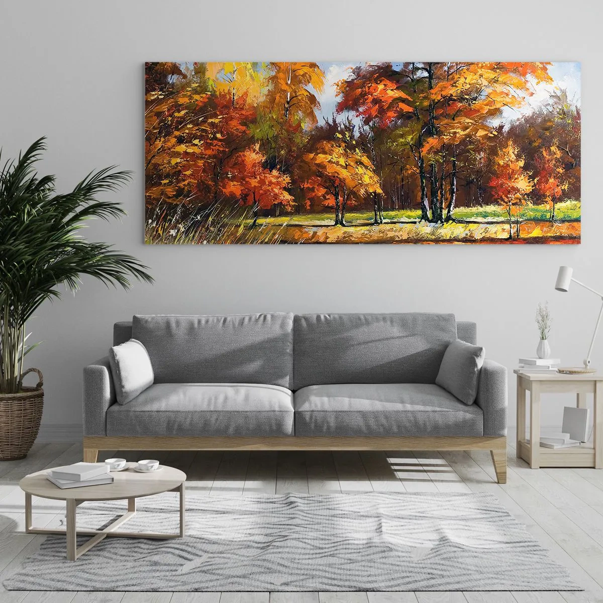 Obraz na szkle - Jesienny pejzaż z kolorowymi drzewami i stawem - 160x50cm - Pejzaż w złocie i brązie - Nowoczesna dekoracja ścienna do salonu i sypialni ARTTOR