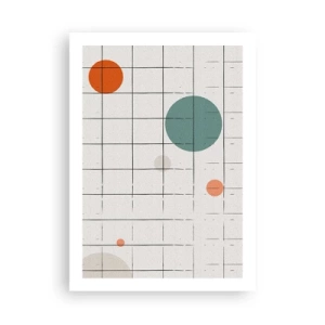 Plakat - Abstrakcyjna kompozycja siatki i kolorowych okręgów - 50x70cm - Uwięzione. My czy one? - Nowoczesna dekoracja ścienna do salonu, kuchni i sypialni ARTTOR