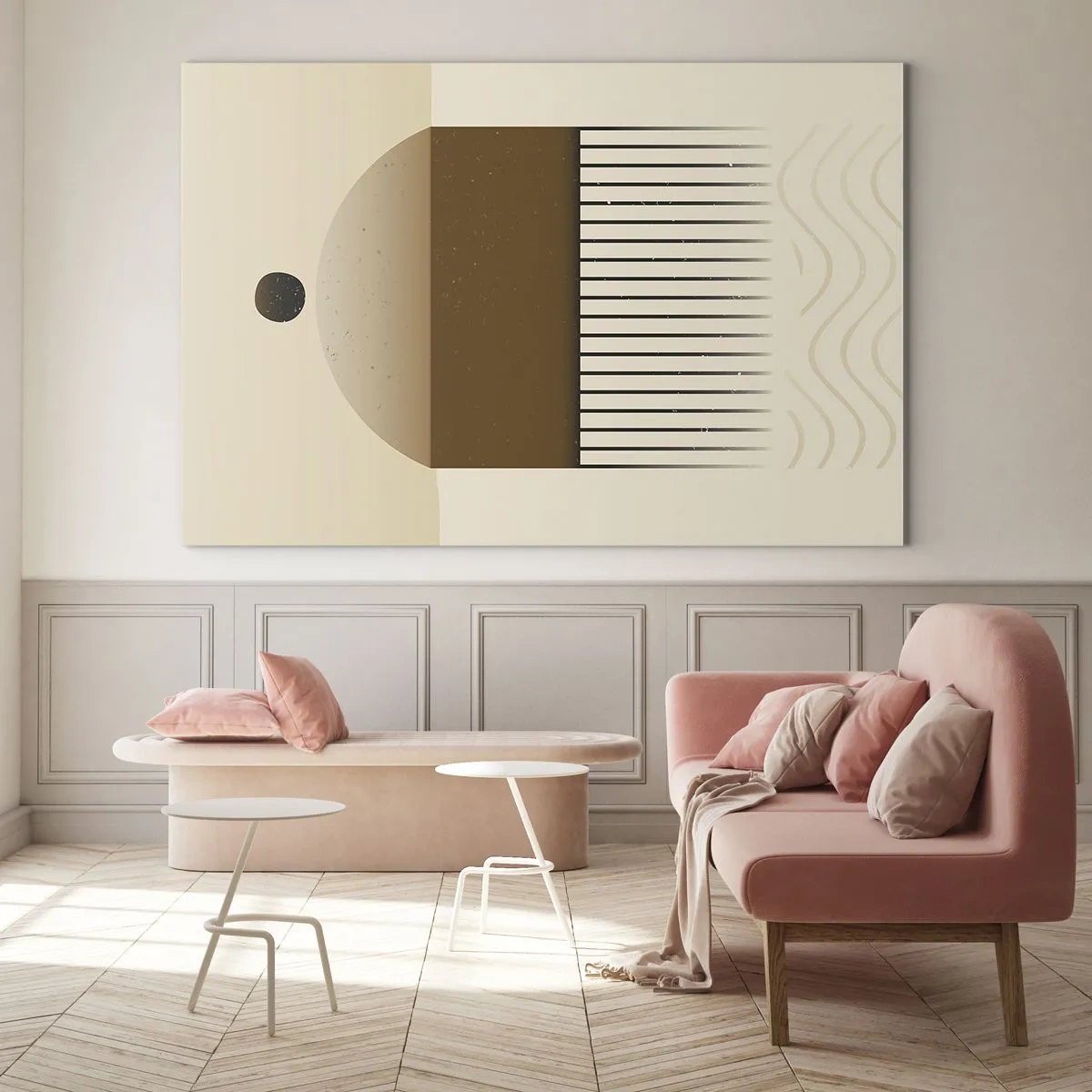 Obraz na szkle - Beżowo-brązowa abstrakcja z geometrycznymi formami i liniami - 70x50cm - Różne stany - Nowoczesna dekoracja ścienna do salonu i sypialni ARTTOR
