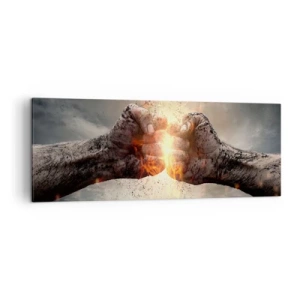 Obraz na płótnie - Zaciśnięte pięści w dynamicznej scenerii z ogniem - 140x50cm - Stań do walki - Nowoczesna dekoracja ścienna do salonu i sypialni ARTTOR