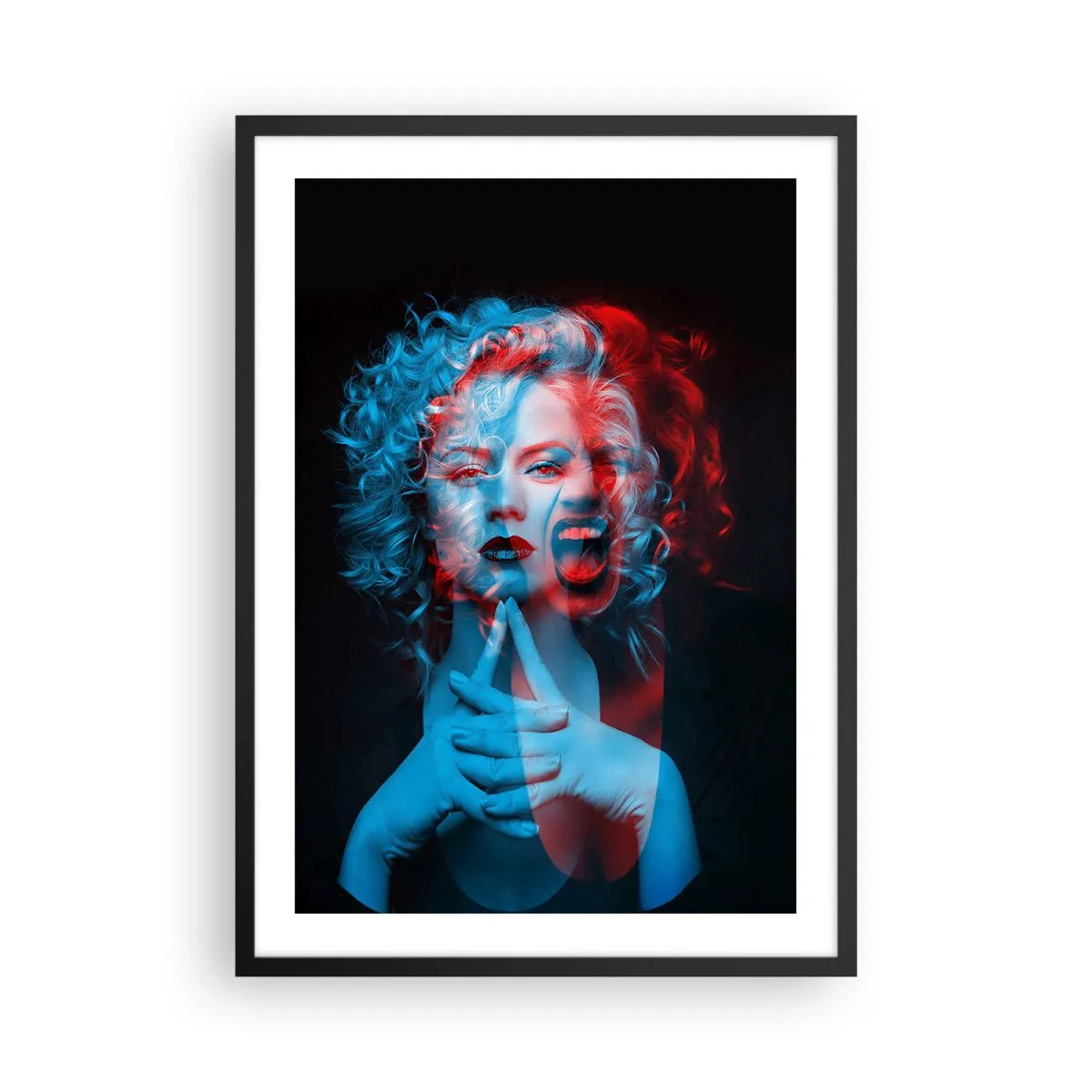 Plakat w czarnej ramie - Artystyczny portret kobiety w efektach 3D w czerwieni i błękicie - 50x70cm - Alter ego - Nowoczesna dekoracja ścienna do salonu i sypialni ARTTOR