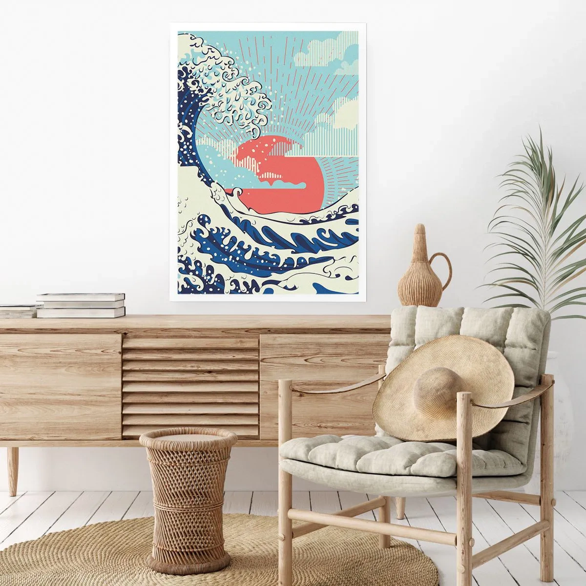 Plakat - Graficzna fala inspirowana japońskim stylem z czerwonym słońcem - 50x70cm - Z japońskich inspiracji - Nowoczesna dekoracja ścienna do salonu, kuchni i sypialni ARTTOR