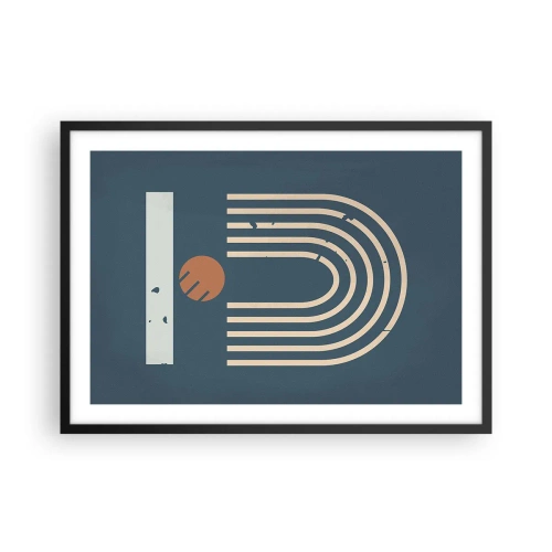 Plakat w czarnej ramie - Geometryczny wzór w odcieniach granatu, beżu i pomarańczu na ciemnym tle - 70x50cm - Geometria na granacie - Nowoczesna dekoracja ścienna do salonu i sypialni ARTTOR