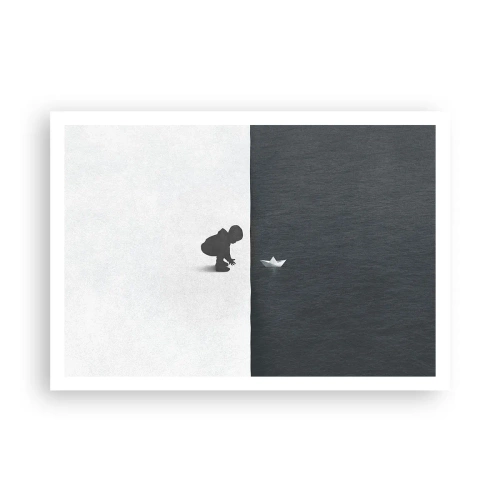 Plakat - Postać dziecka z papierową łódką na tle kontrastowych połówek - 100x70cm - Wielka wyprawa - Nowoczesna dekoracja ścienna do salonu i sypialni ARTTOR