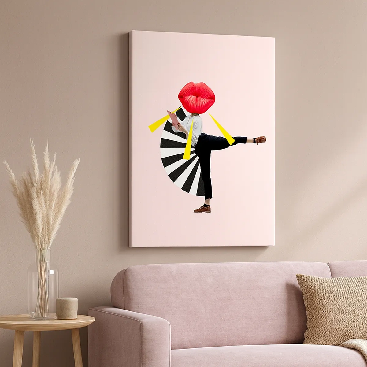 Obraz na płótnie - Surrealistyczna kompozycja z postacią i ustami na pastelowym tle - 50x70cm - Surrealistyczny pop-art - Nowoczesna dekoracja ścienna do salonu, kuchni i sypialni ARTTOR