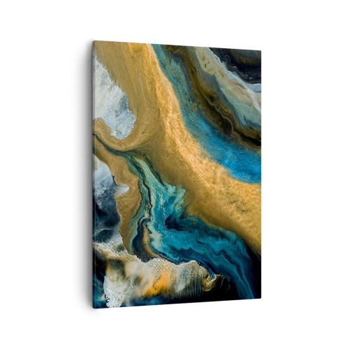 Obraz na płótnie - Abstrakcyjna kompozycja w odcieniach złota, niebieskiego i bieli - 50x70cm - Niebieski – zółty – wzajemne wpływy - Nowoczesna dekoracja ścienna do salonu, kuchni i sypialni ARTTOR