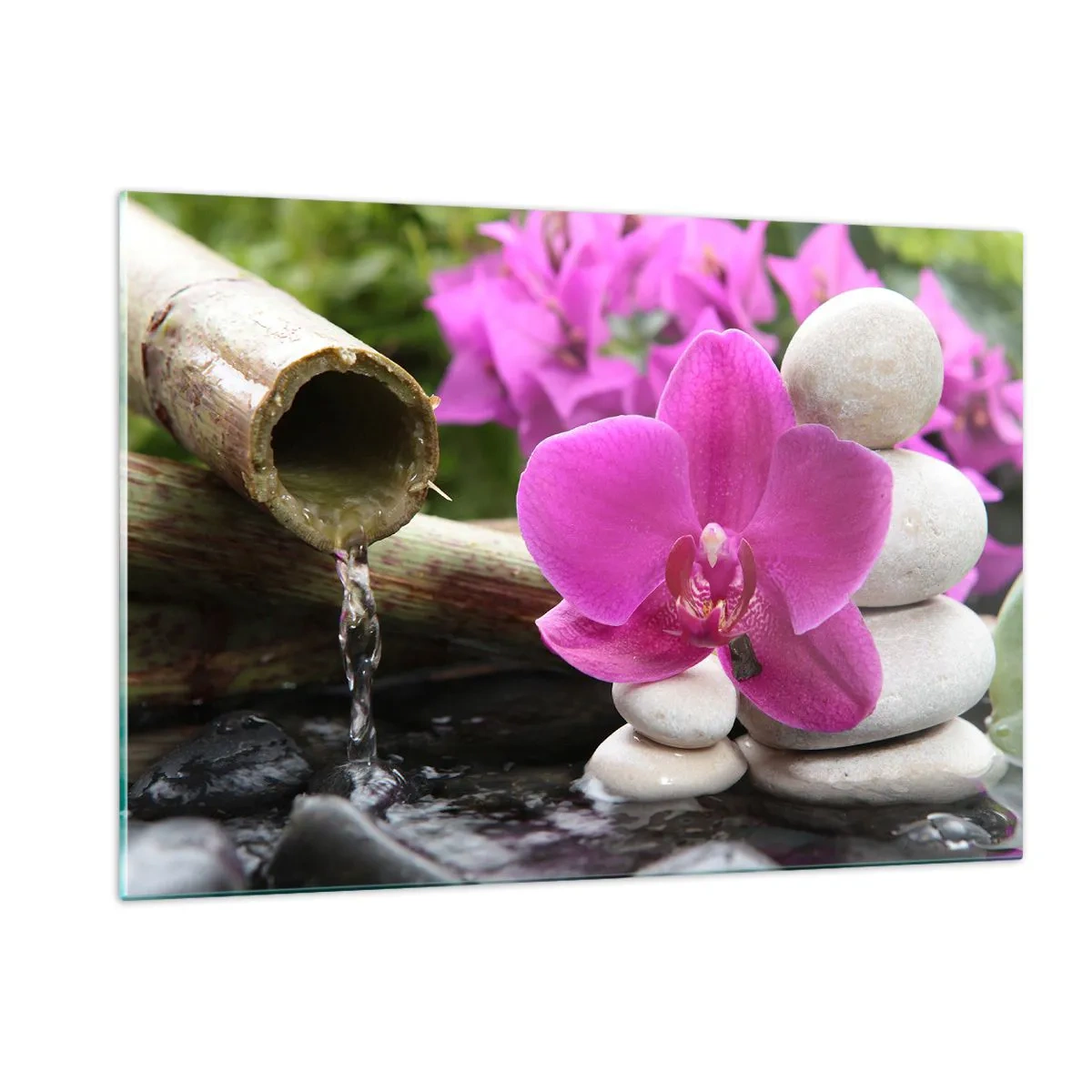 Obraz na szkle - Fioletowa orchidea, kamienie i bambusowy wodospad - 120x80cm - Już odpoczywasz - Nowoczesna dekoracja ścienna do salonu, kuchni i sypialni ARTTOR
