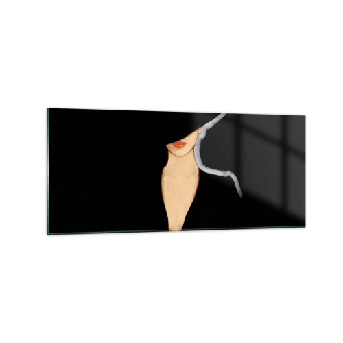 Obraz na szkle - Sylwetka kobiety w kapeluszu na czarnym tle - 120x50cm - Elegancja i styl - Nowoczesna dekoracja ścienna do salonu i sypialni ARTTOR