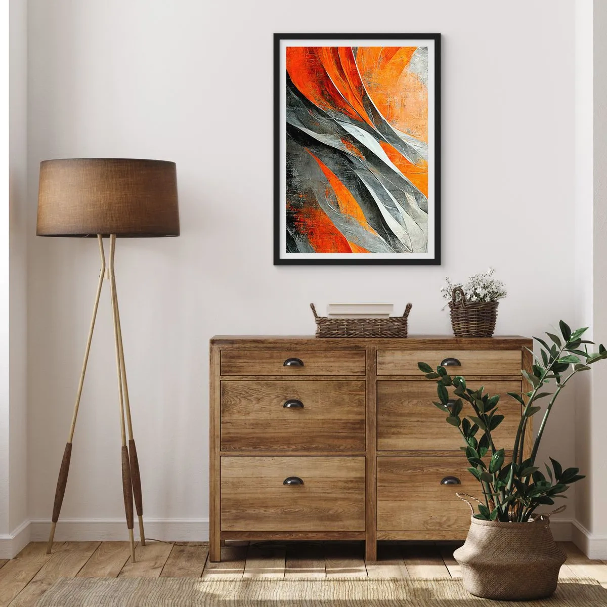 Plakat w czarnej ramie - Dynamiczna abstrakcja w odcieniach pomarańczu i szarości - 50x70cm - Żar i chłód - Nowoczesna dekoracja ścienna do salonu i sypialni ARTTOR