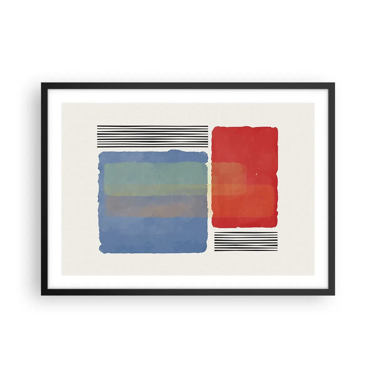 Plakat w czarnej ramie - Geometryczna kompozycja z kolorowymi blokami i liniami - 70x50cm - Duch i litera geometrii - Nowoczesna dekoracja ścienna do salonu i sypialni ARTTOR
