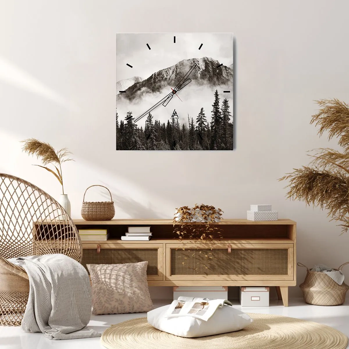 Zegar ścienny - Malowniczy szczyt górski otoczony mgłą i lasem w odcieniach sepia - 30x30cm - Granitowy władca - Nowoczesna dekoracja ścienna do salonu i sypialni ARTTOR