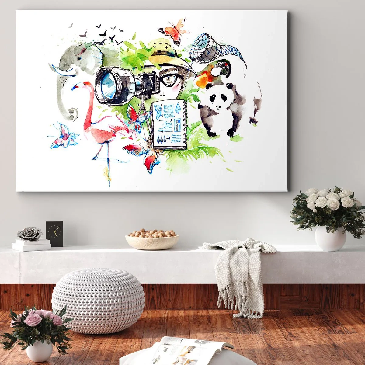 Obraz na płótnie - Kolorowa grafika z motywem przyrody i safari - 100x70cm - W obiektywie podróżnika - Nowoczesna dekoracja ścienna do salonu, kuchni i sypialni ARTTOR