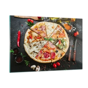 Obraz na szkle - Pizza w różnych smakach z dodatkami na ciemnym tle - 120x80cm - Wachlarz smaków - Nowoczesna dekoracja ścienna do salonu, kuchni i sypialni ARTTOR